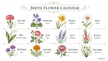 Birth month flowers calendar showing all 12 months from January carnation to December narcissus