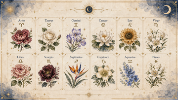 Zodiac sign flowers wheel showing all 12 astrological blooms from Aries to Pisces