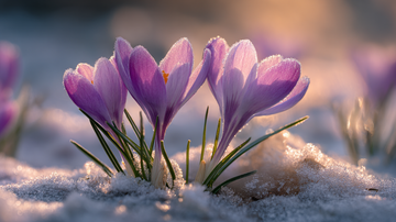 Purple crocus flowers pushing 