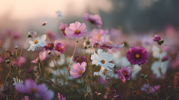 Cosmos flower meadow at golden hour representing cosmos flower meaning of harmony, love, and natural balance