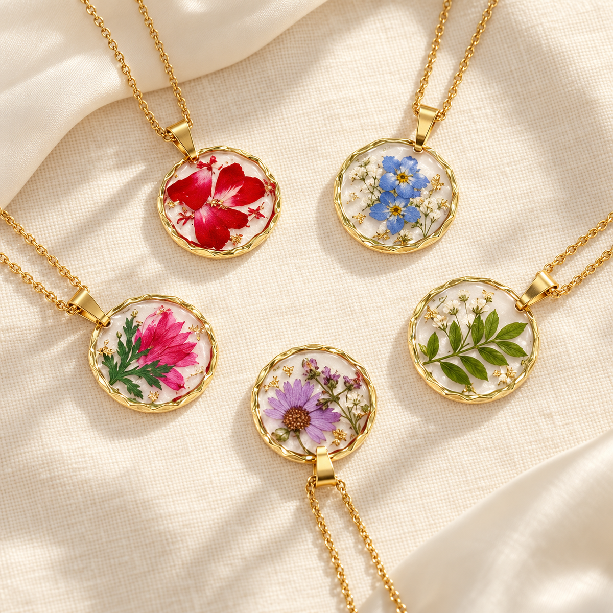 Real pressed flower resin necklace collection, flat lay