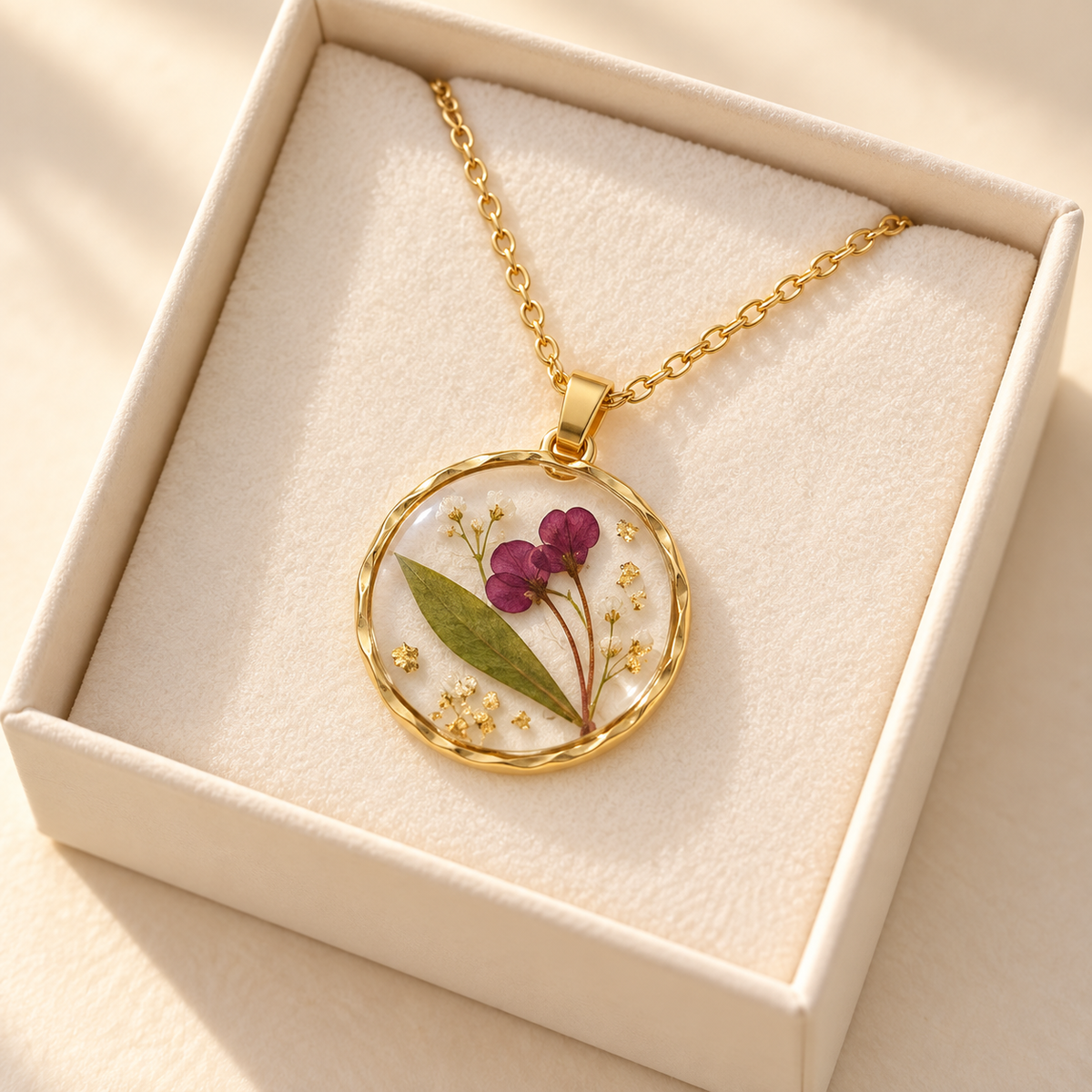 Pressed flower resin necklace in gift box