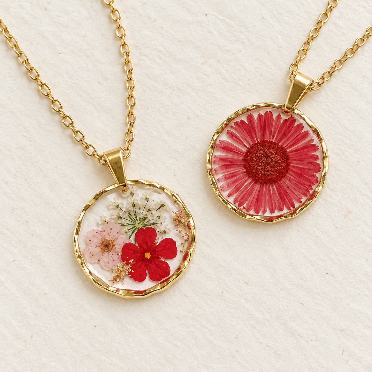 Pressed flower resin necklace detail close-up