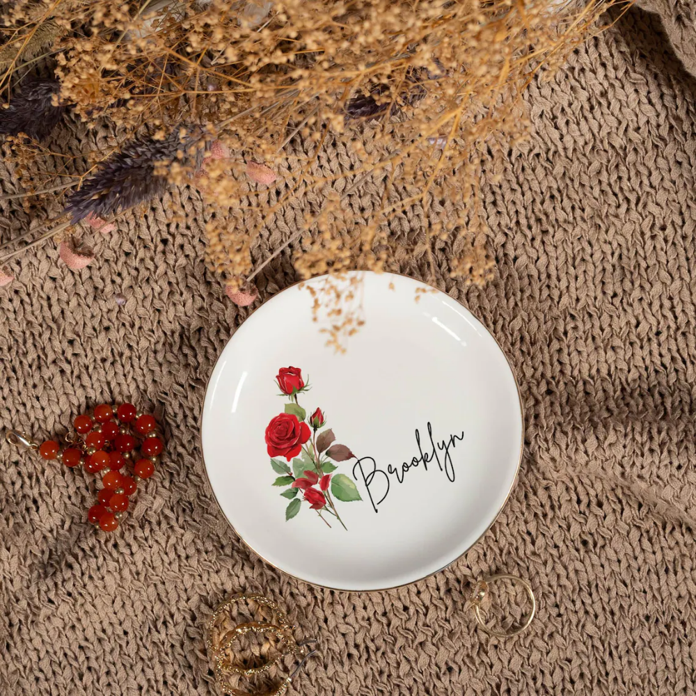Personalized Birth Flower Trinket Dish - Custom Name and Flower