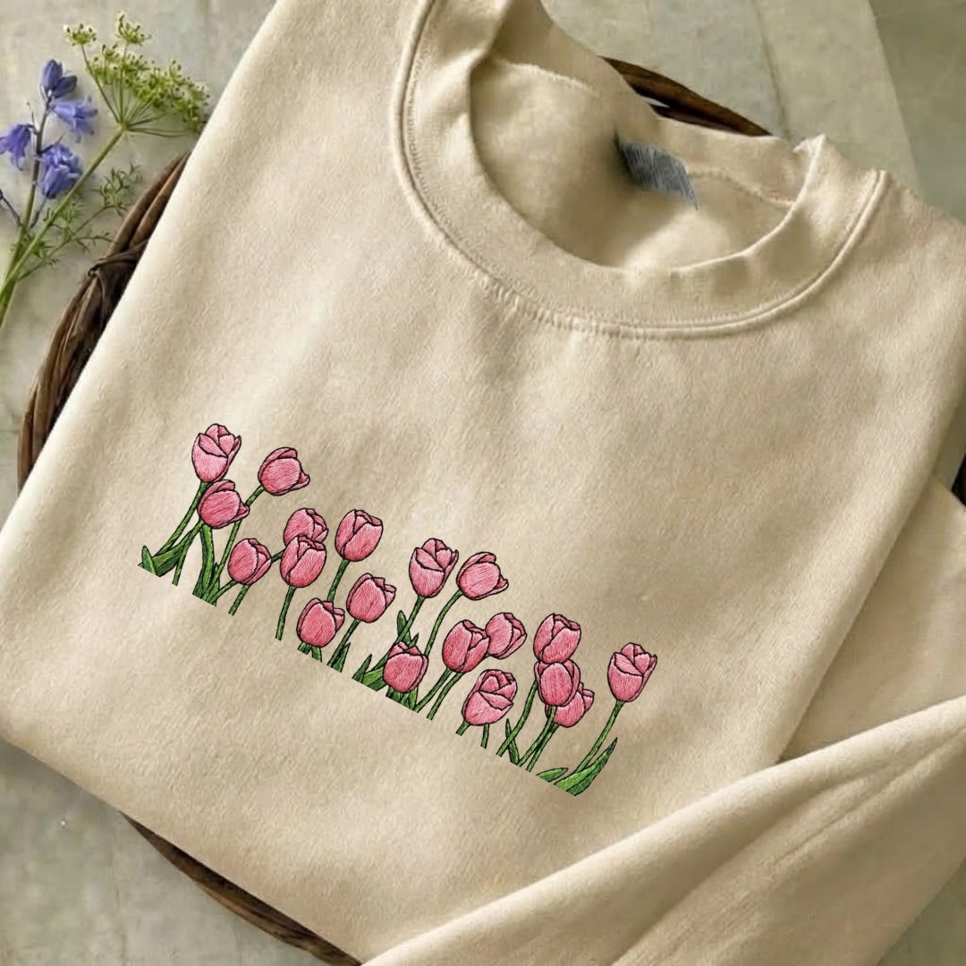 Pastel Pink Tulip Embroidered Sweatshirt