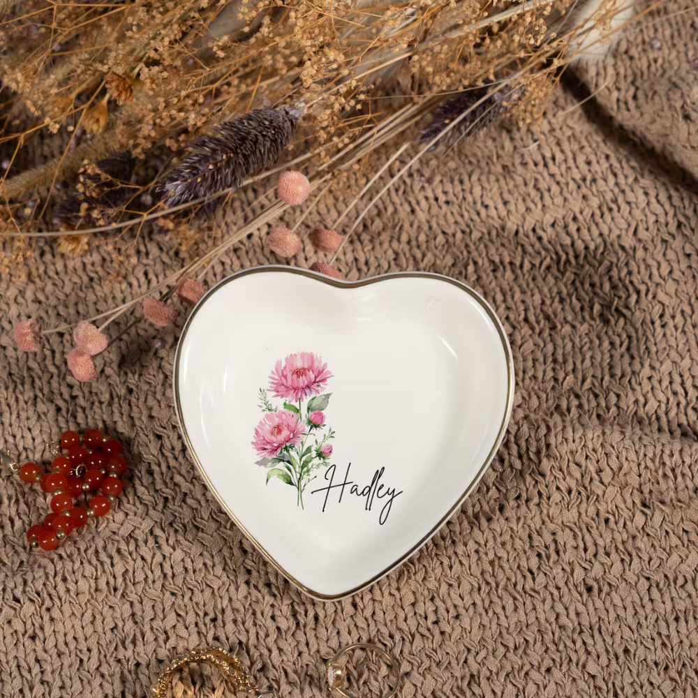 Personalized Birth Flower Trinket Dish - Custom Name and Flower