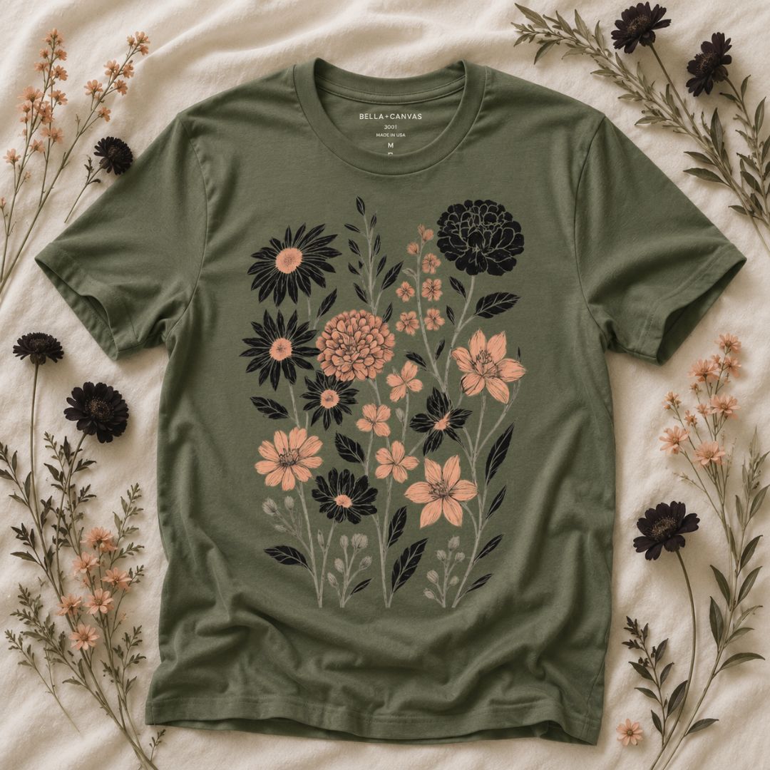 Vintage Botanical Flowers Shirt, Midnight Garden Floral Tee