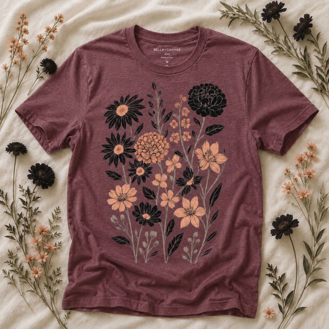 Vintage Botanical Flowers Shirt, Midnight Garden Floral Tee