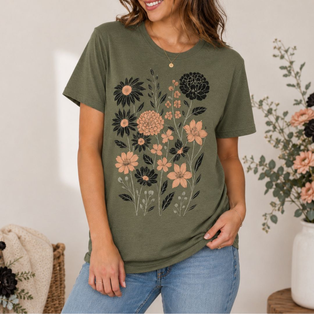 Vintage Botanical Flowers Shirt, Midnight Garden Floral Tee