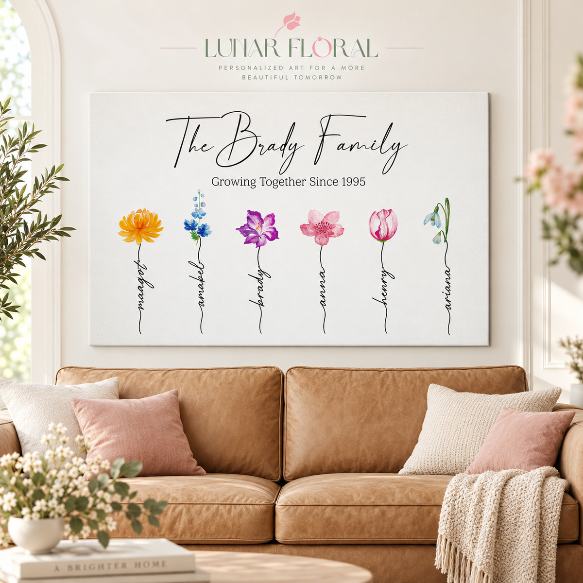 Personalized Birth Month Flower Family Canvas – Custom Name Watercolor Floral Wall Art