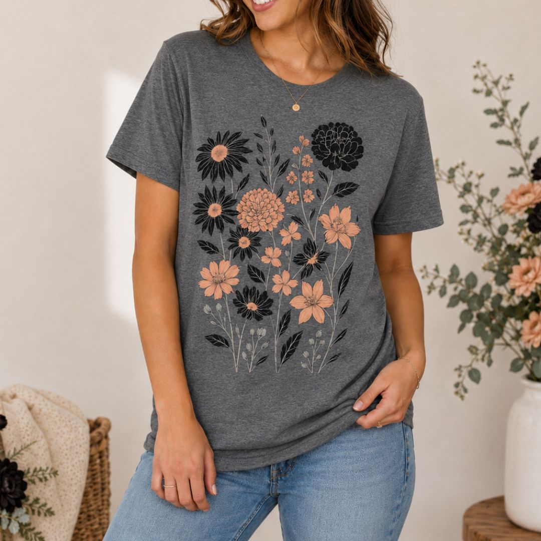 Vintage Botanical Flowers Shirt, Midnight Garden Floral Tee