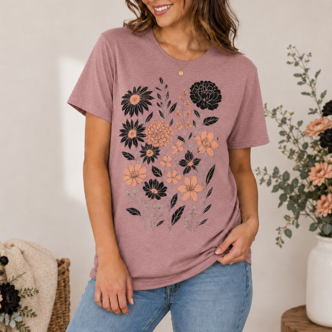 Vintage Botanical Flowers Shirt, Midnight Garden Floral Tee