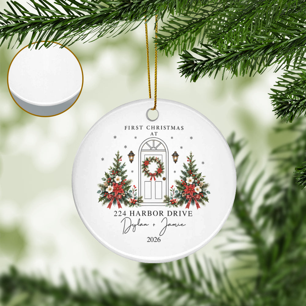 Personalized First Christmas in Our New Home Ceramic Ornament | Custom Address, Names & Year