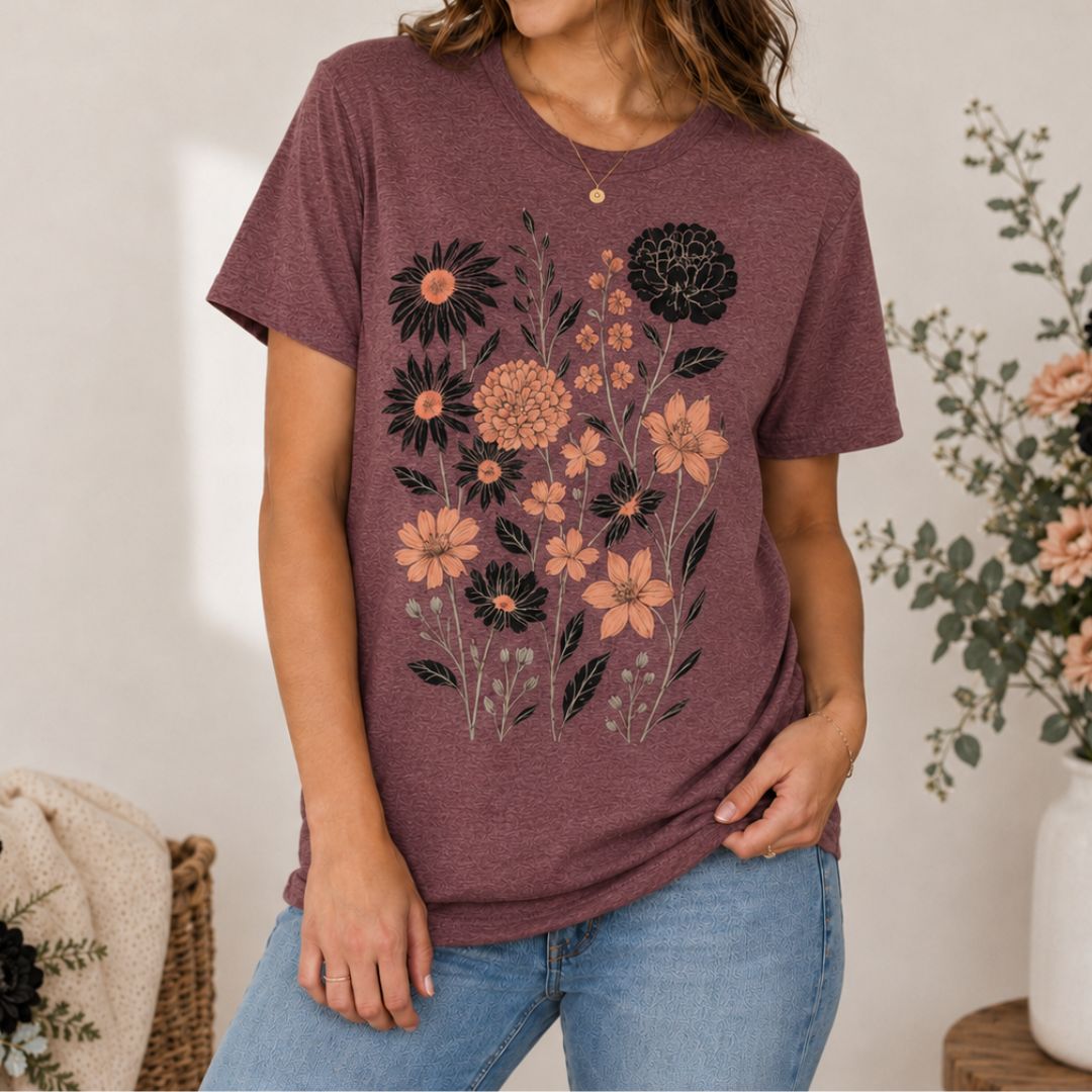 Vintage Botanical Flowers Shirt, Midnight Garden Floral Tee