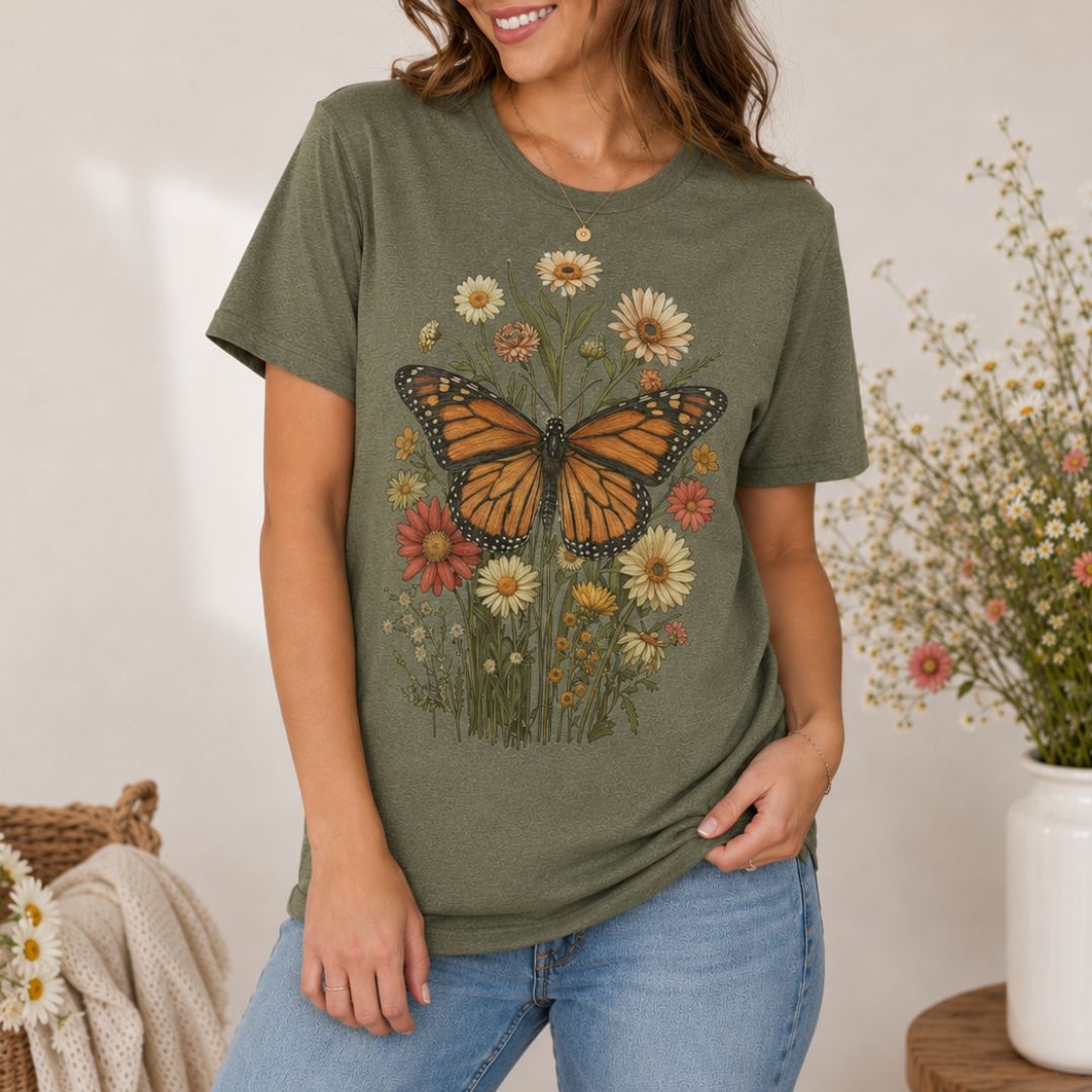Monarch Butterfly Garden T-shirt, Wildflower Butterfly Shirt