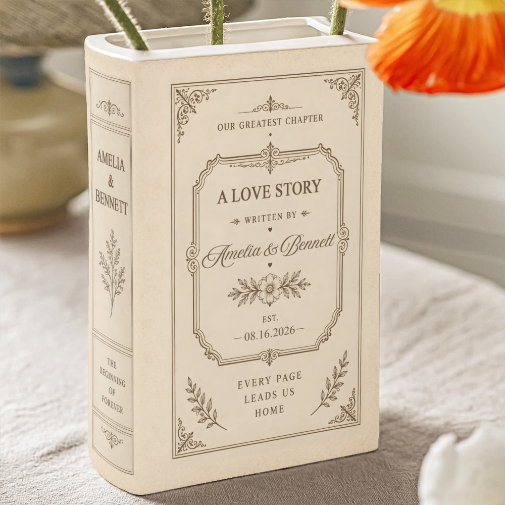 Personalized Ceramic Book Vase | Custom Wedding Love Story Flower Vase
