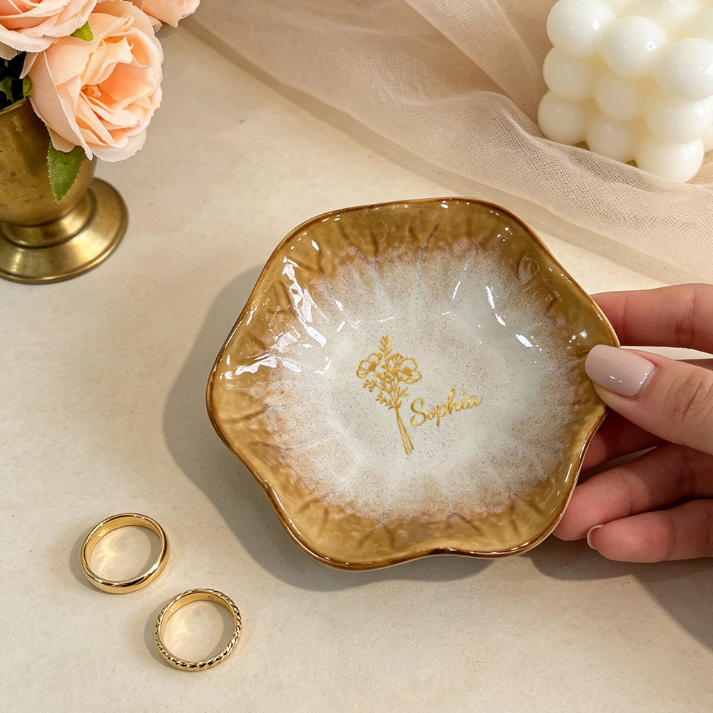 Custom Birth Flower Ceramic Jewelry Dish – Personalized Name Scalloped Trinket Tray