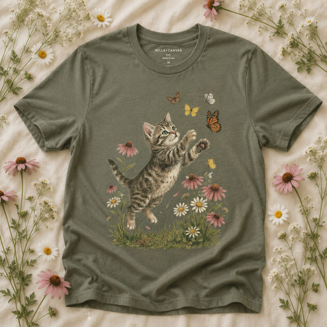 Playful Kitten Garden T-Shirt, Kitten & Butterflies Shirt