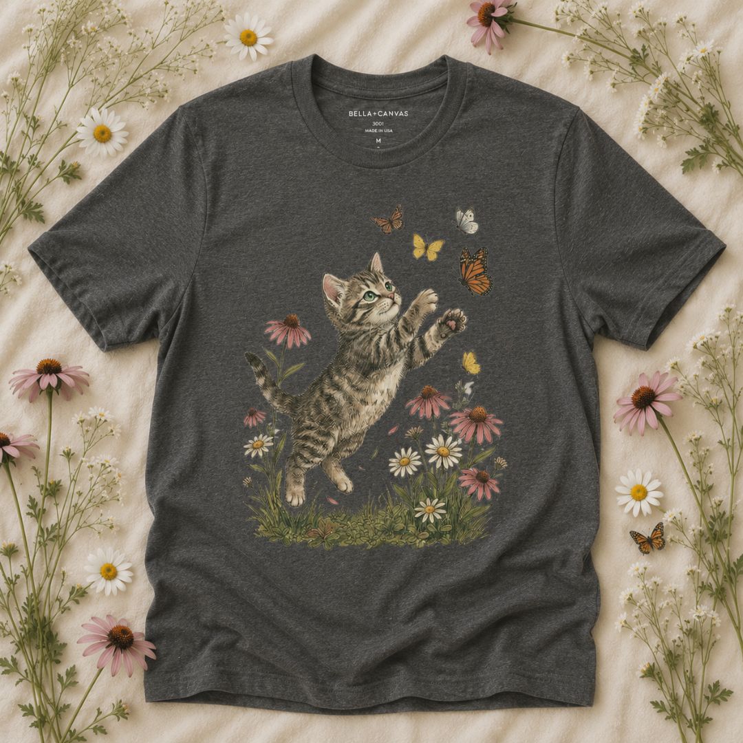 Playful Kitten Garden T-Shirt, Kitten & Butterflies Shirt
