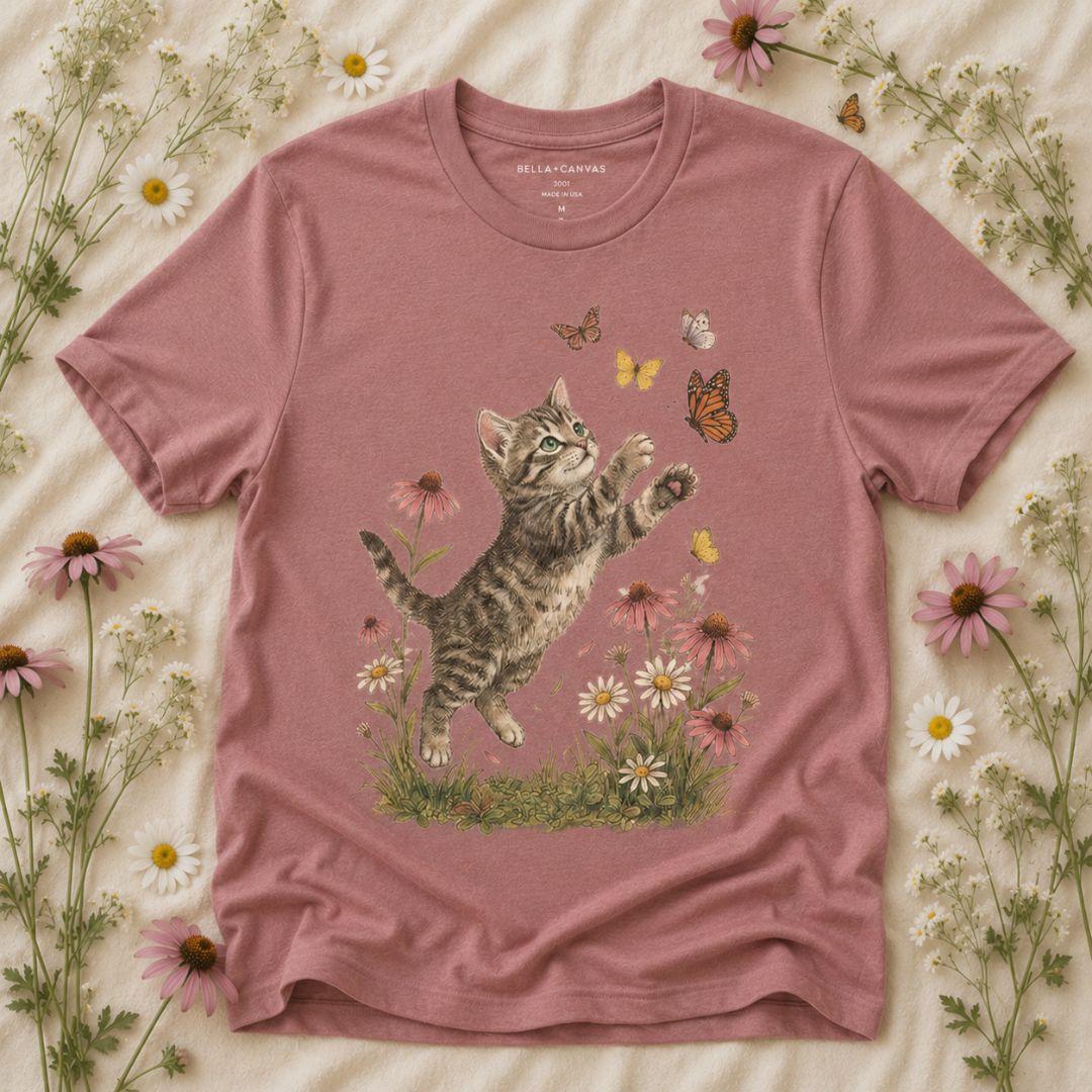 Playful Kitten Garden T-Shirt, Kitten & Butterflies Shirt