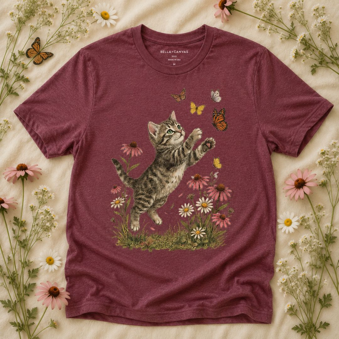 Playful Kitten Garden T-Shirt, Kitten & Butterflies Shirt