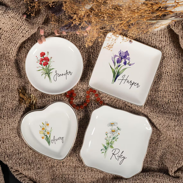 Personalized Birth Flower Trinket Dish - Custom Name and Flower