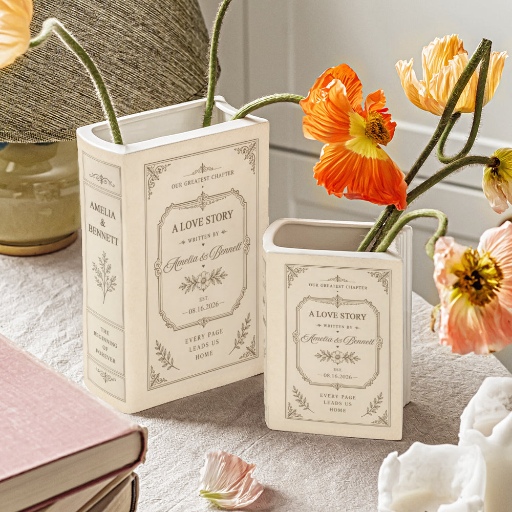 Personalized Ceramic Book Vase | Custom Wedding Love Story Flower Vase