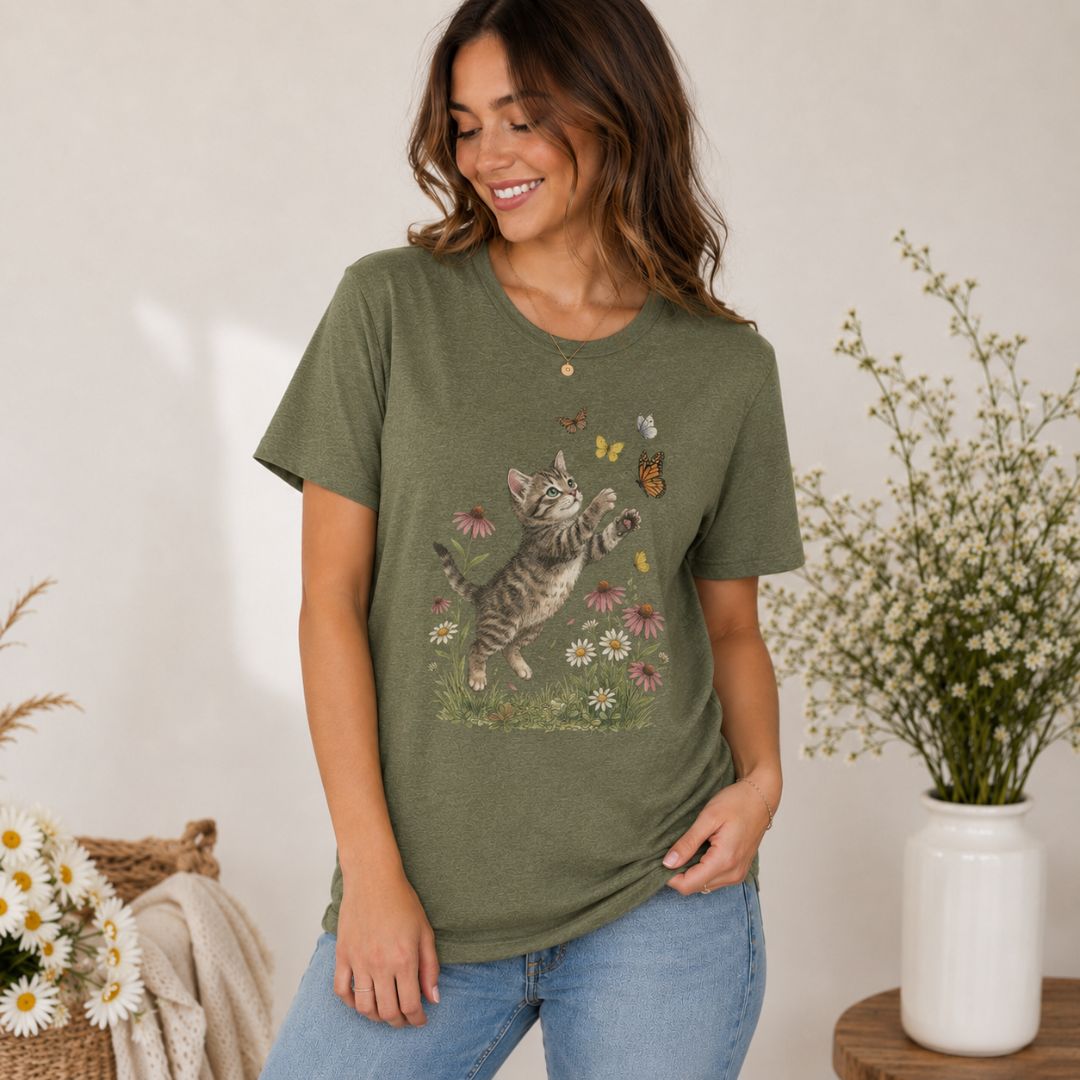 Playful Kitten Garden T-Shirt, Kitten & Butterflies Shirt