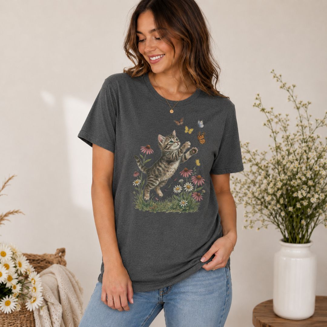 Playful Kitten Garden T-Shirt, Kitten & Butterflies Shirt