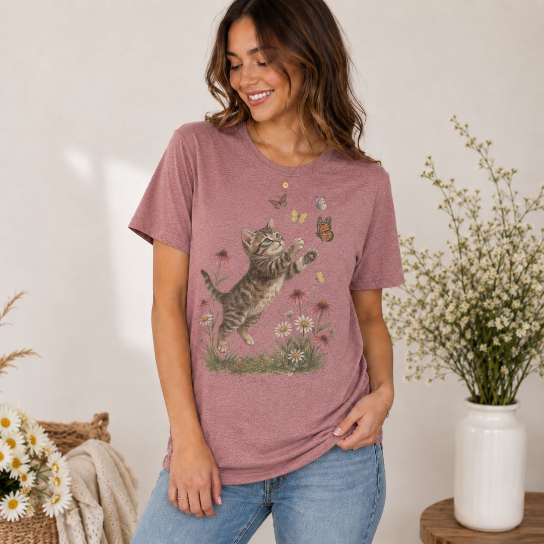 Playful Kitten Garden T-Shirt, Kitten & Butterflies Shirt