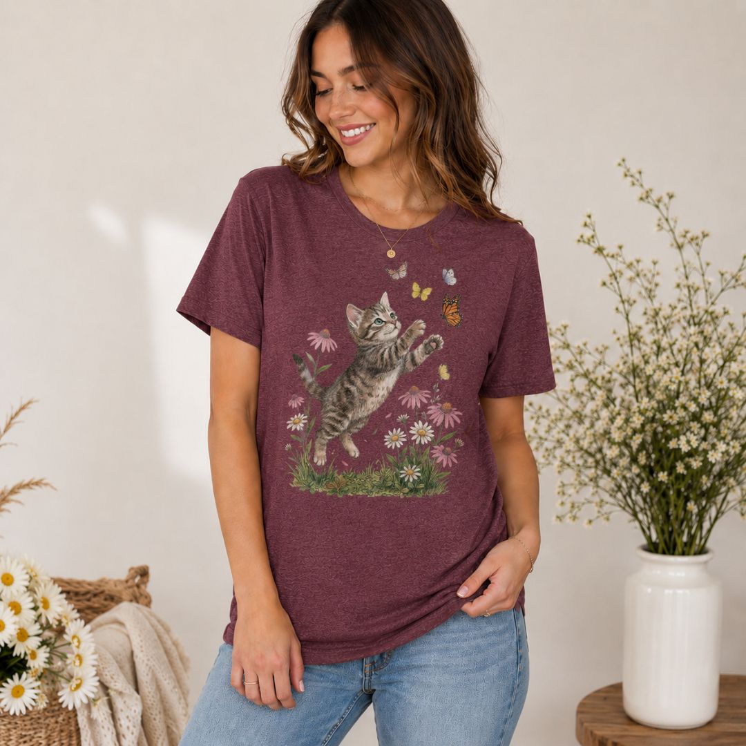 Playful Kitten Garden T-Shirt, Kitten & Butterflies Shirt