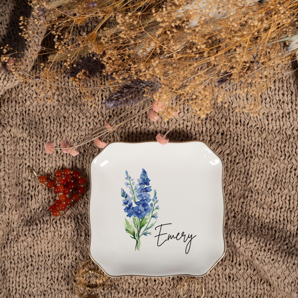 Personalized Birth Flower Trinket Dish - Custom Name and Flower