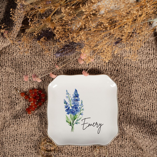Personalized Birth Flower Trinket Dish - Custom Name and Flower