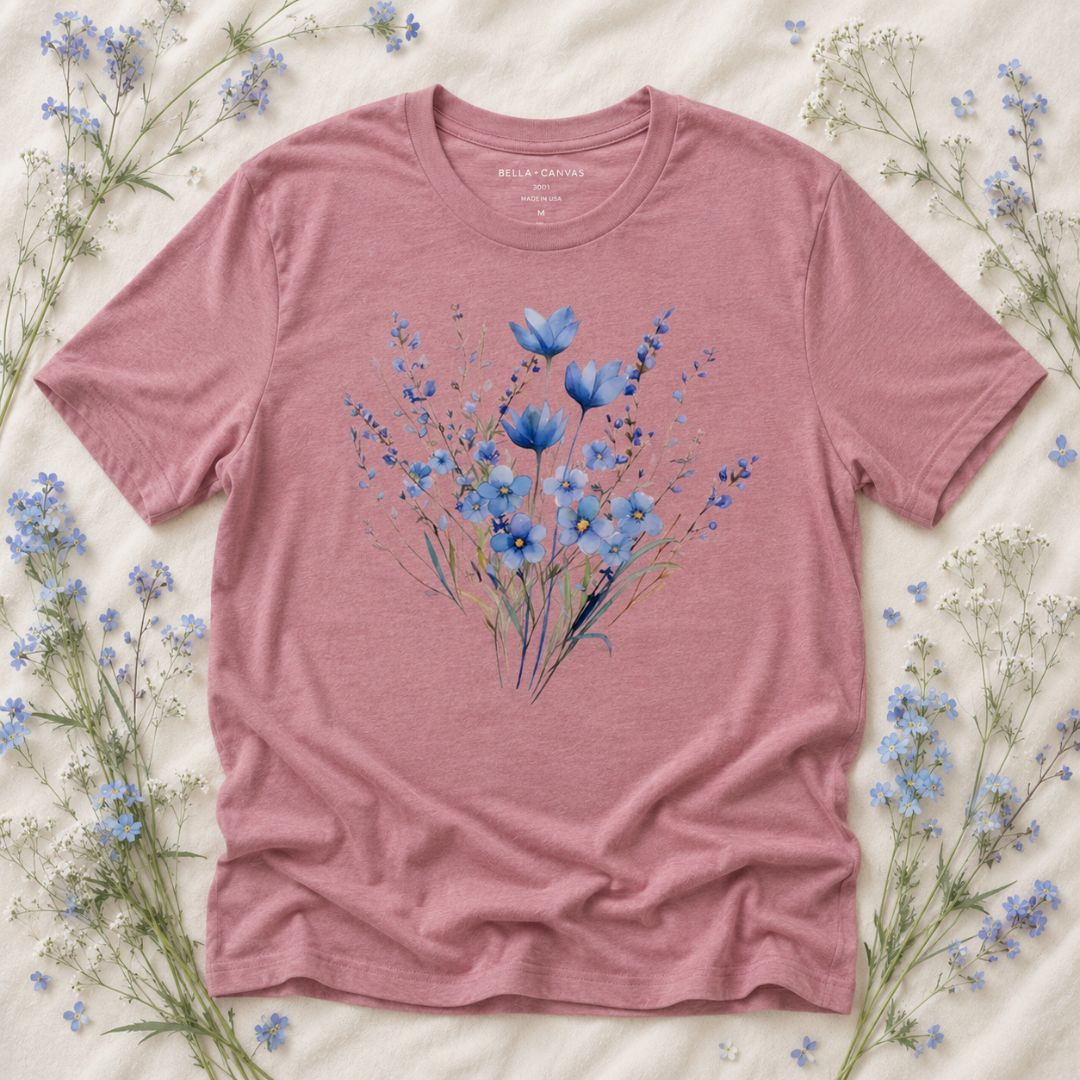 Blue Meadow Flowers T-shirt, Vintage Blue Floral Tee