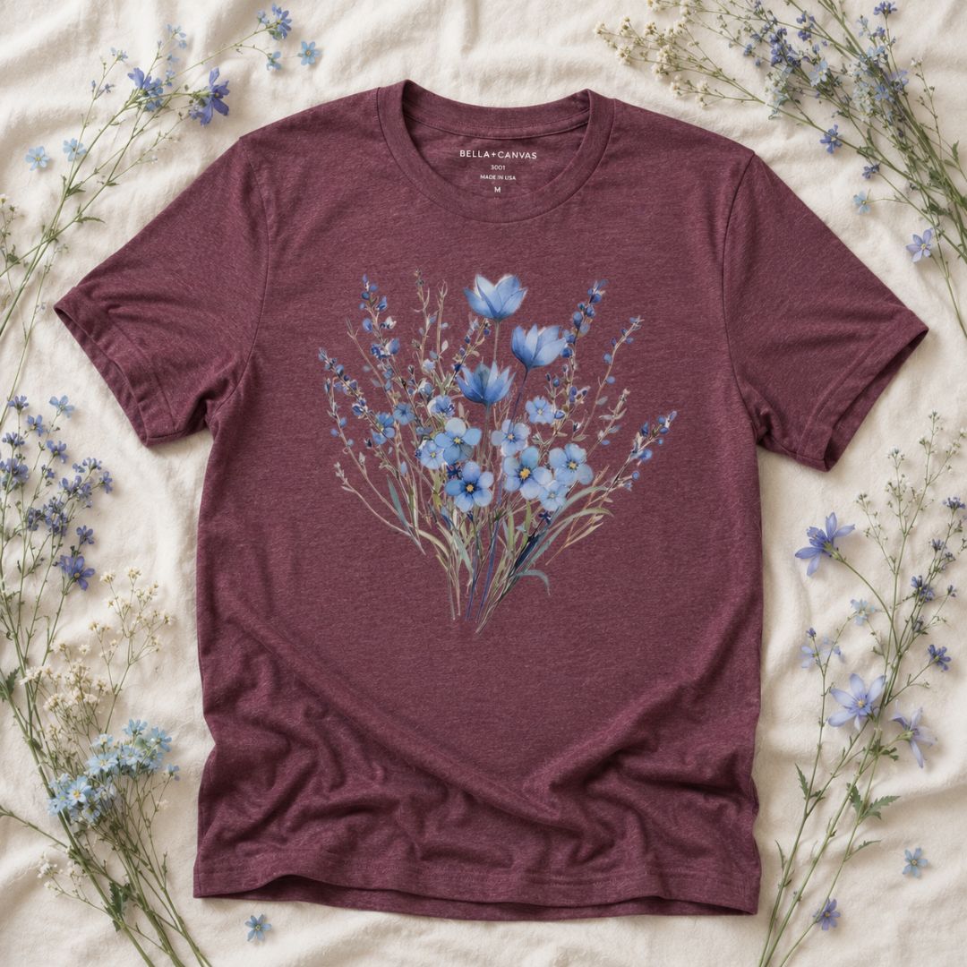 Blue Meadow Flowers T-shirt, Vintage Blue Floral Tee