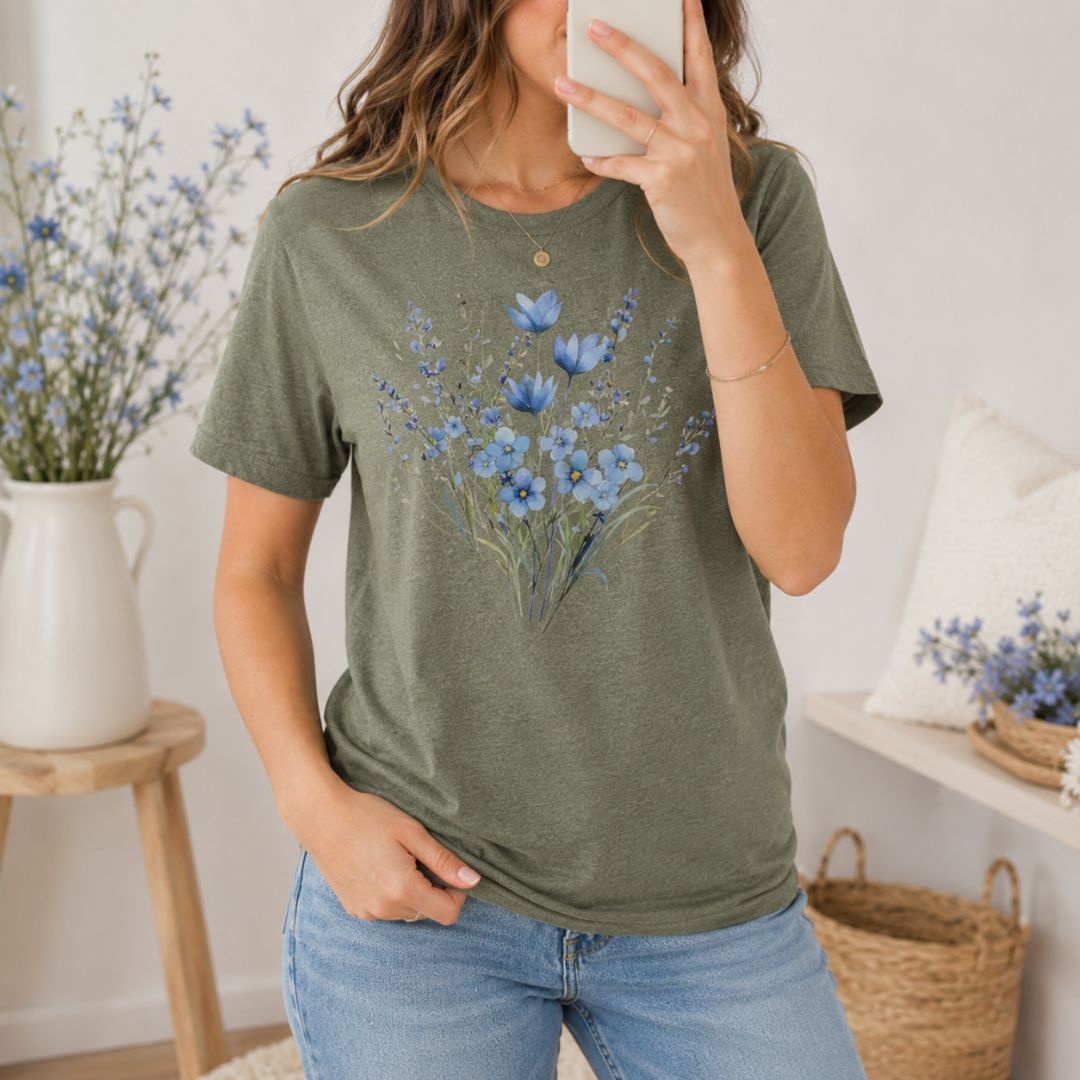 Blue Meadow Flowers T-shirt, Vintage Blue Floral Tee