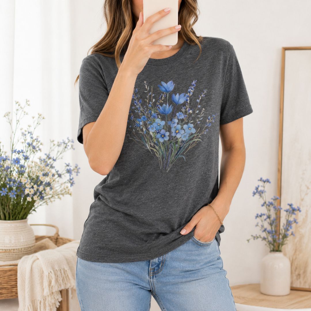 Blue Meadow Flowers T-shirt, Vintage Blue Floral Tee