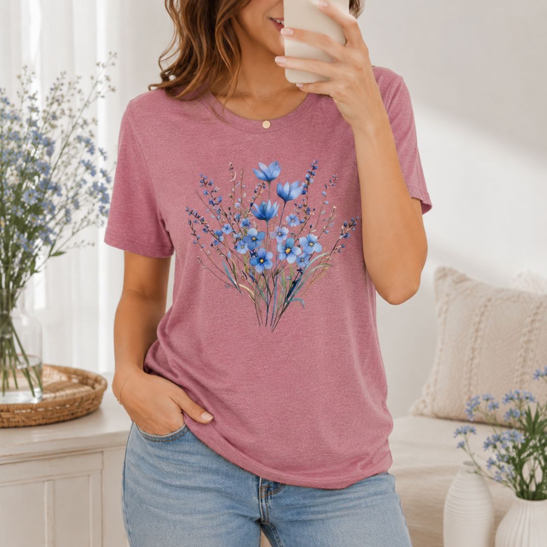Blue Meadow Flowers T-shirt, Vintage Blue Floral Tee