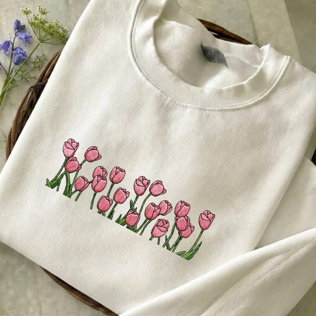Pastel Pink Tulip Embroidered Sweatshirt