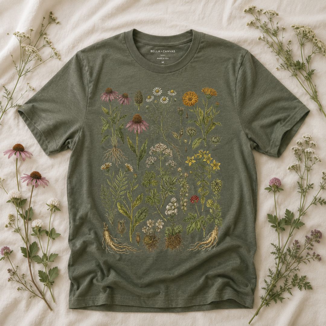 Herbal Wildflower Garden T-shirt, Vintage Botanical Herb Shirt