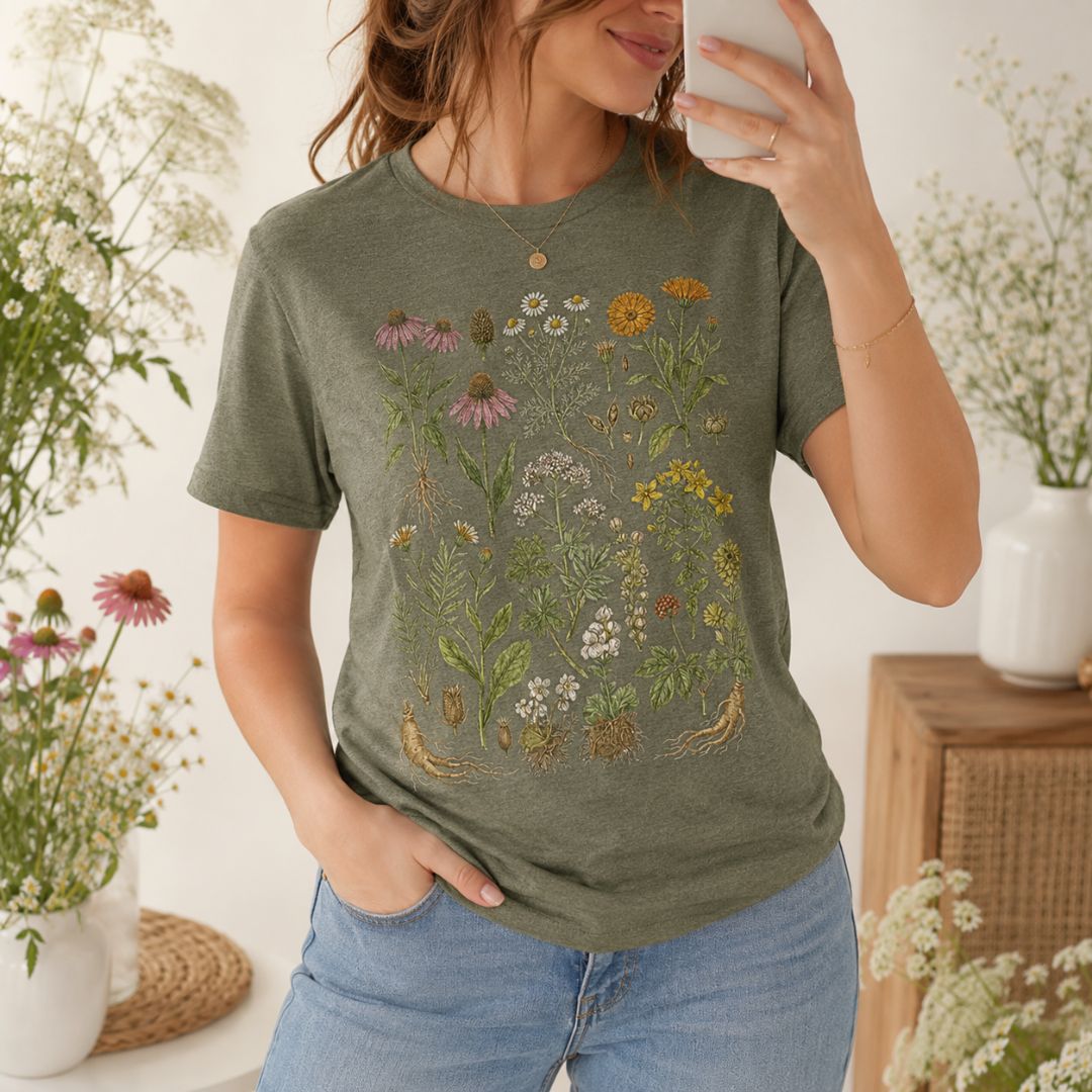 Herbal Wildflower Garden T-shirt, Vintage Botanical Herb Shirt