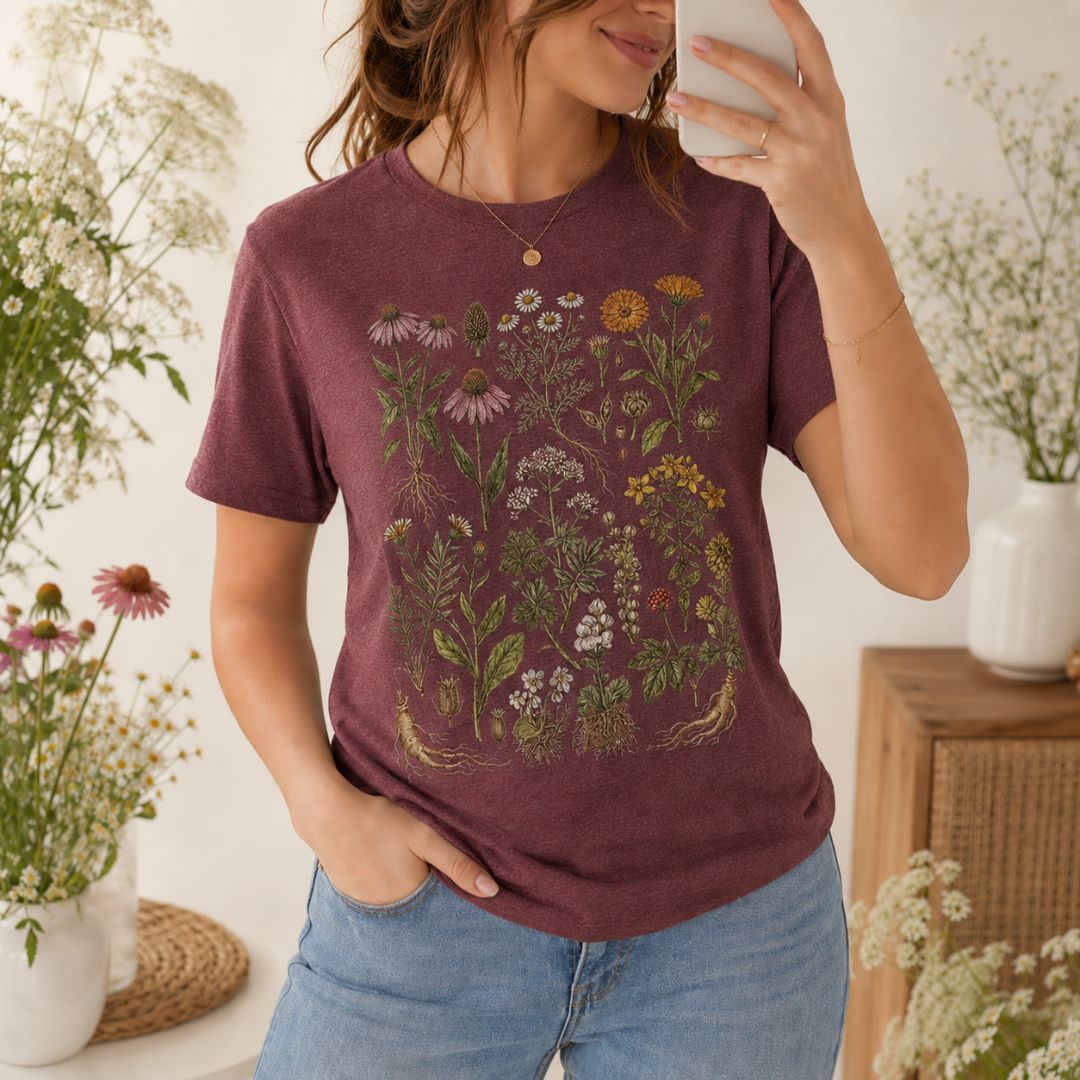 Herbal Wildflower Garden T-shirt, Vintage Botanical Herb Shirt