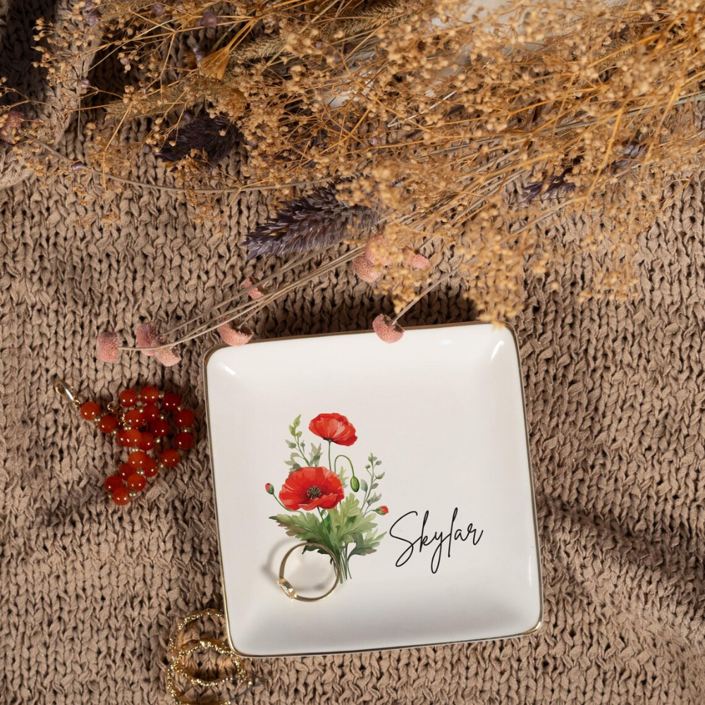 Personalized Birth Flower Trinket Dish - Custom Name and Flower