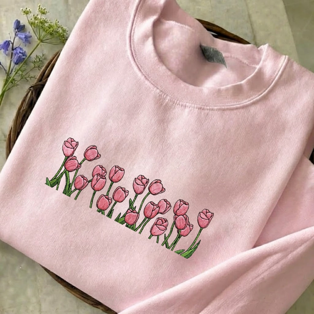 Pastel Pink Tulip Embroidered Sweatshirt