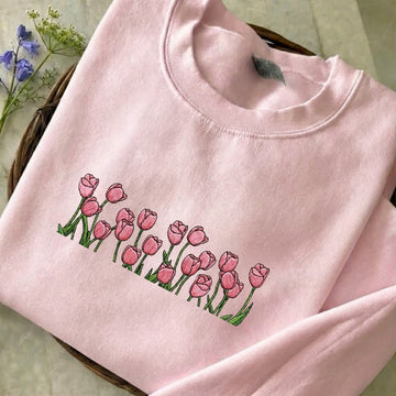 Pastel Pink Tulip Embroidered Sweatshirt