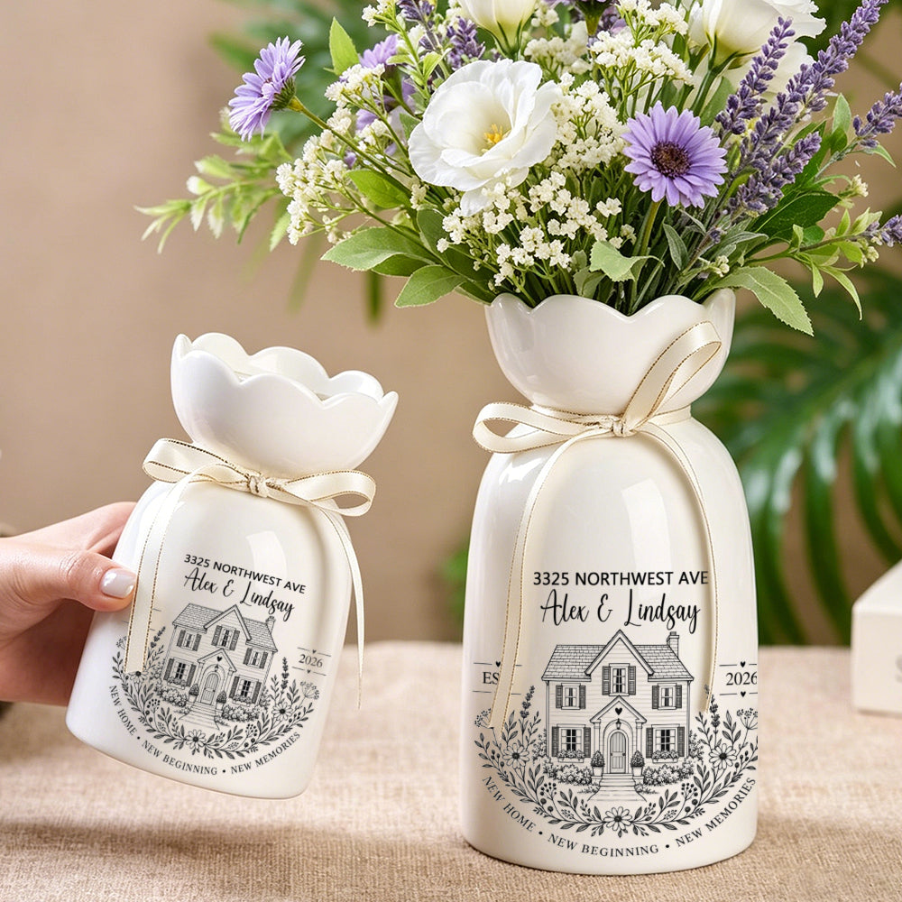 Personalized New Home Ceramic Vase | Custom Address, Names & Date Housewarming Gift