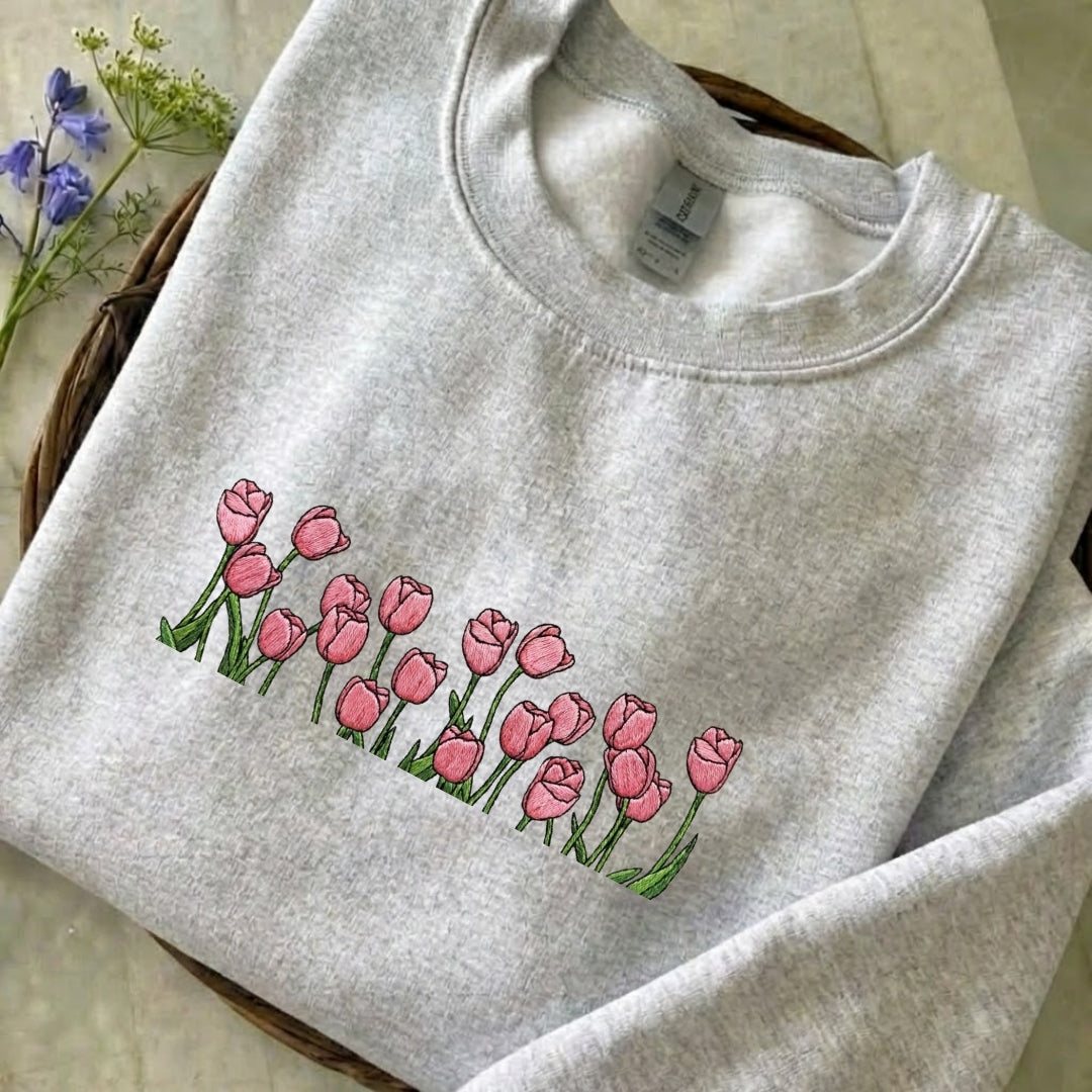 Pastel Pink Tulip Embroidered Sweatshirt