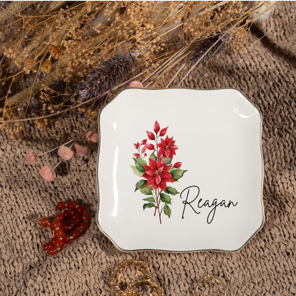 Personalized Birth Flower Trinket Dish - Custom Name and Flower