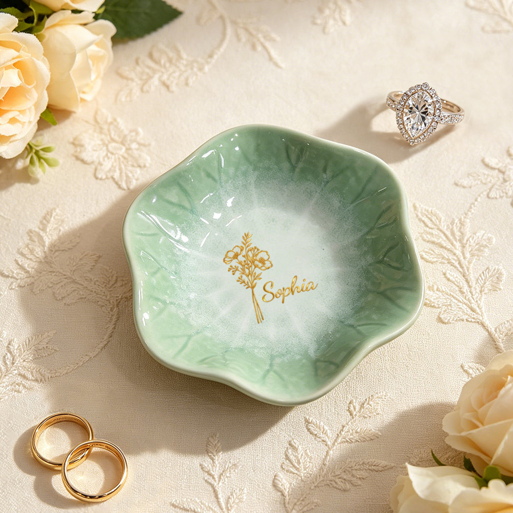 Custom Birth Flower Ceramic Jewelry Dish – Personalized Name Scalloped Trinket Tray