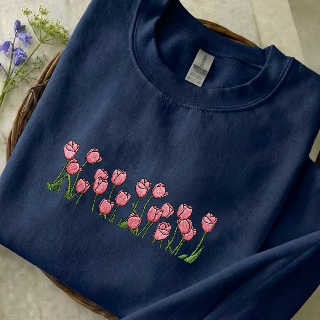 Pastel Pink Tulip Embroidered Sweatshirt